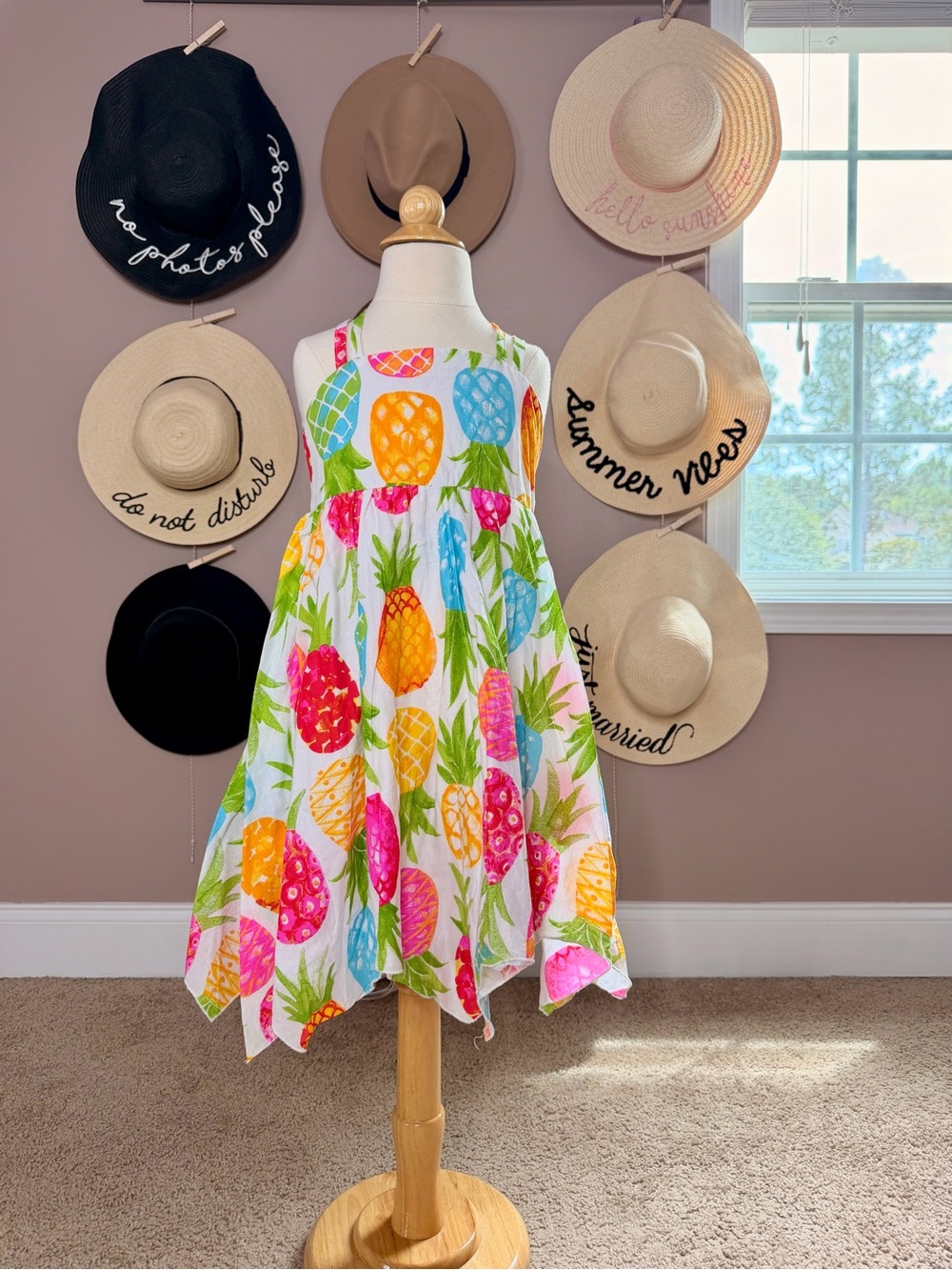 Girls Pineapple Print Handkerchief Hem Dress - White Pink Yellow